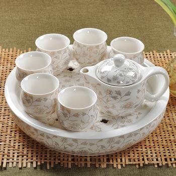 厂家批发8头陶瓷双层隔热防烫杯茶具带12寸大茶盘青花瓷套装